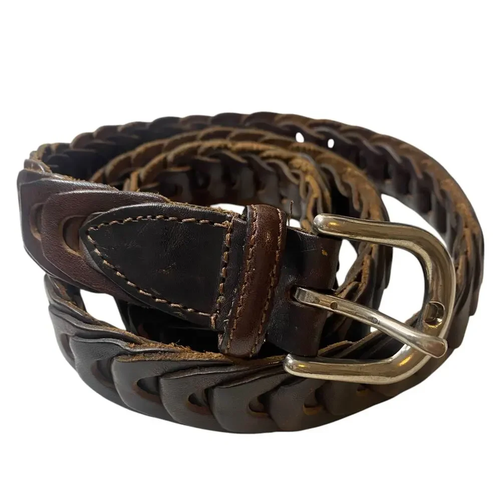 Men's Vintage Dark Brown Woven Leather Belt with silver buckle Size 42
